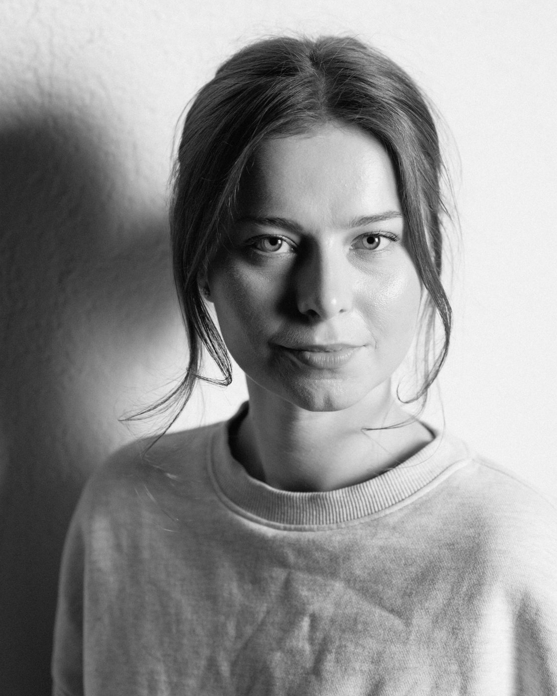 Black-and-white portrait of Eve Hours